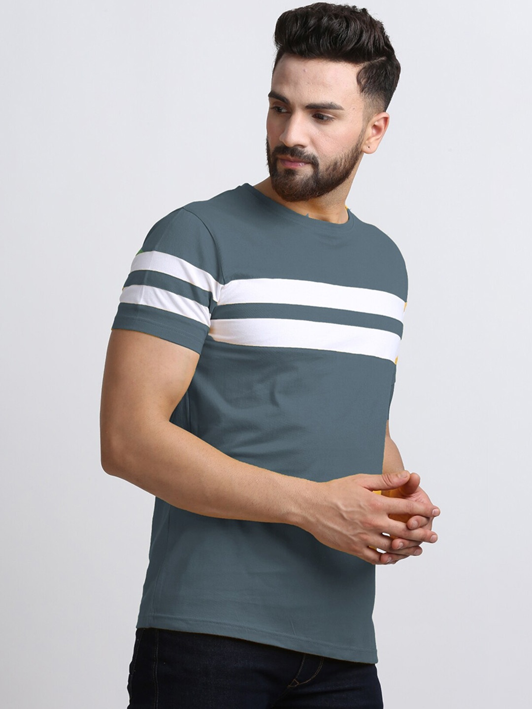 

Rodzen Men Cotton Striped T-shirt, Steel