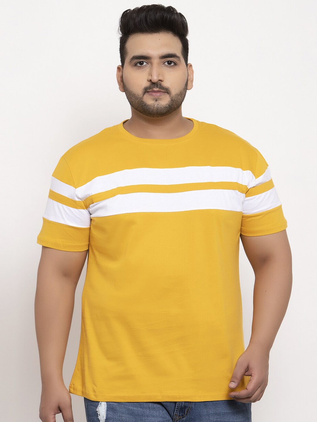 

Rodzen Men Plus Size Cotton Striped T-shirt, Mustard