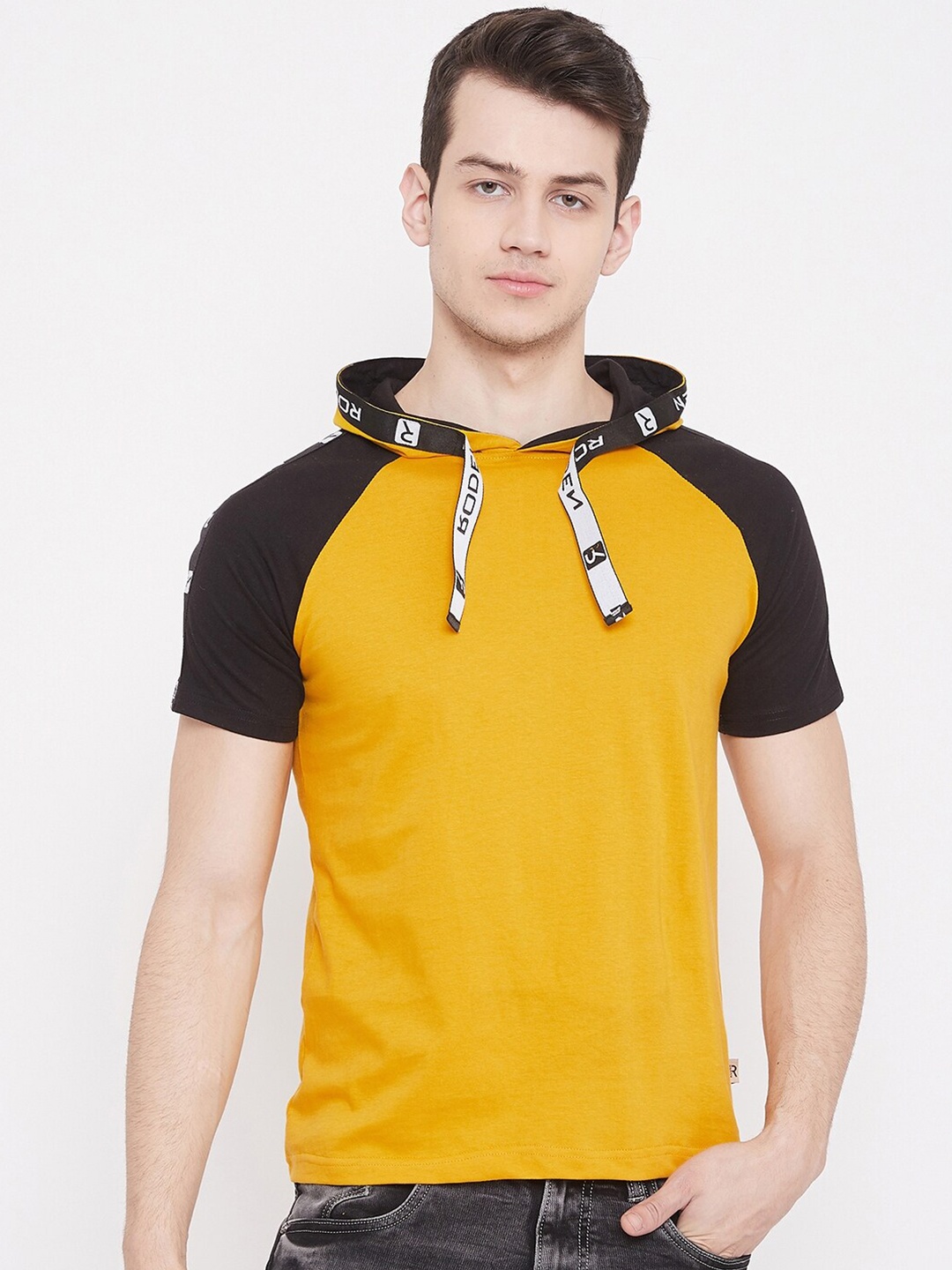 

Rodzen Men Cotton Colourblocked T-shirt, Mustard