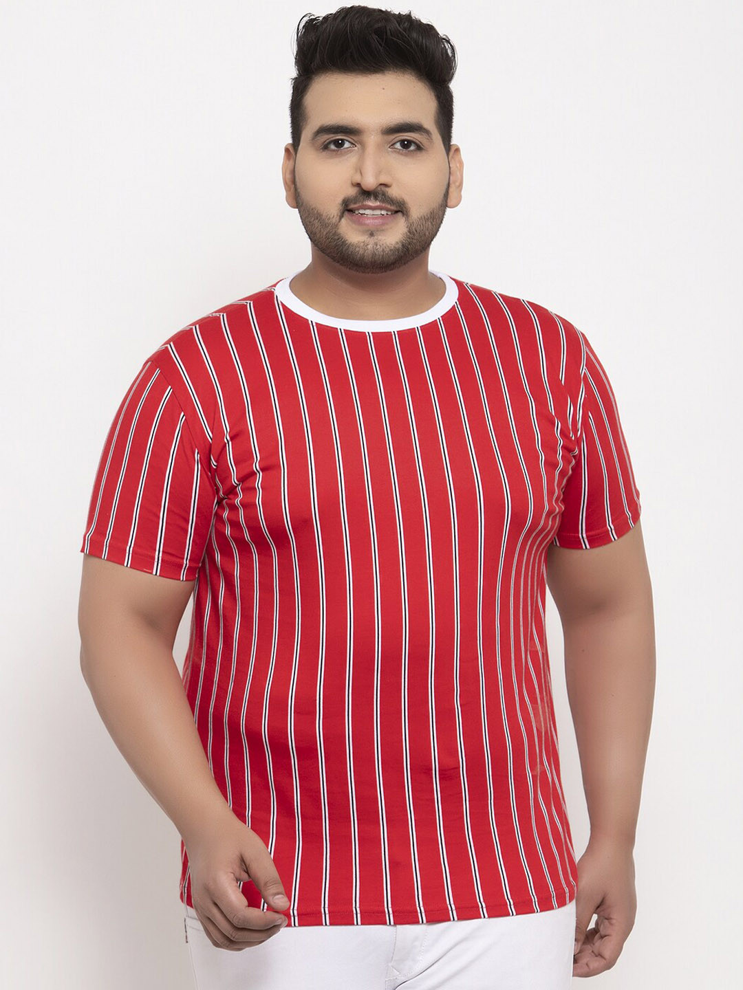 

Rodzen Men Plus Size Cotton Striped T-shirt, Red