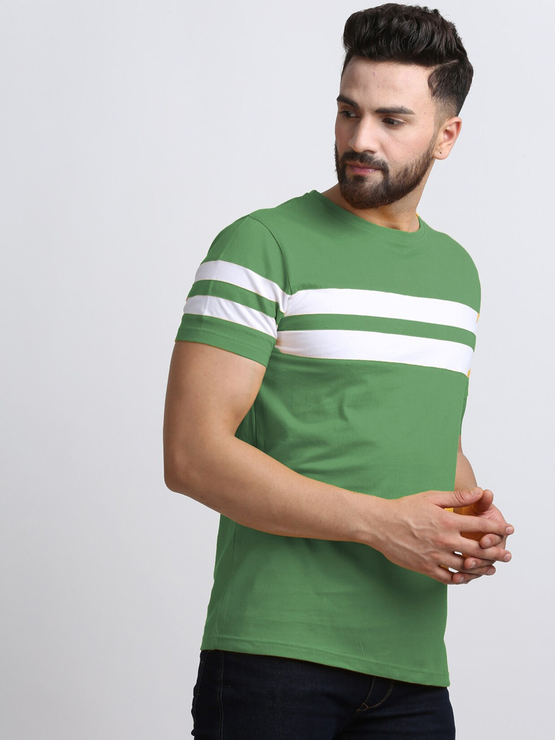 

Rodzen Men Cotton Striped T-shirt, Green