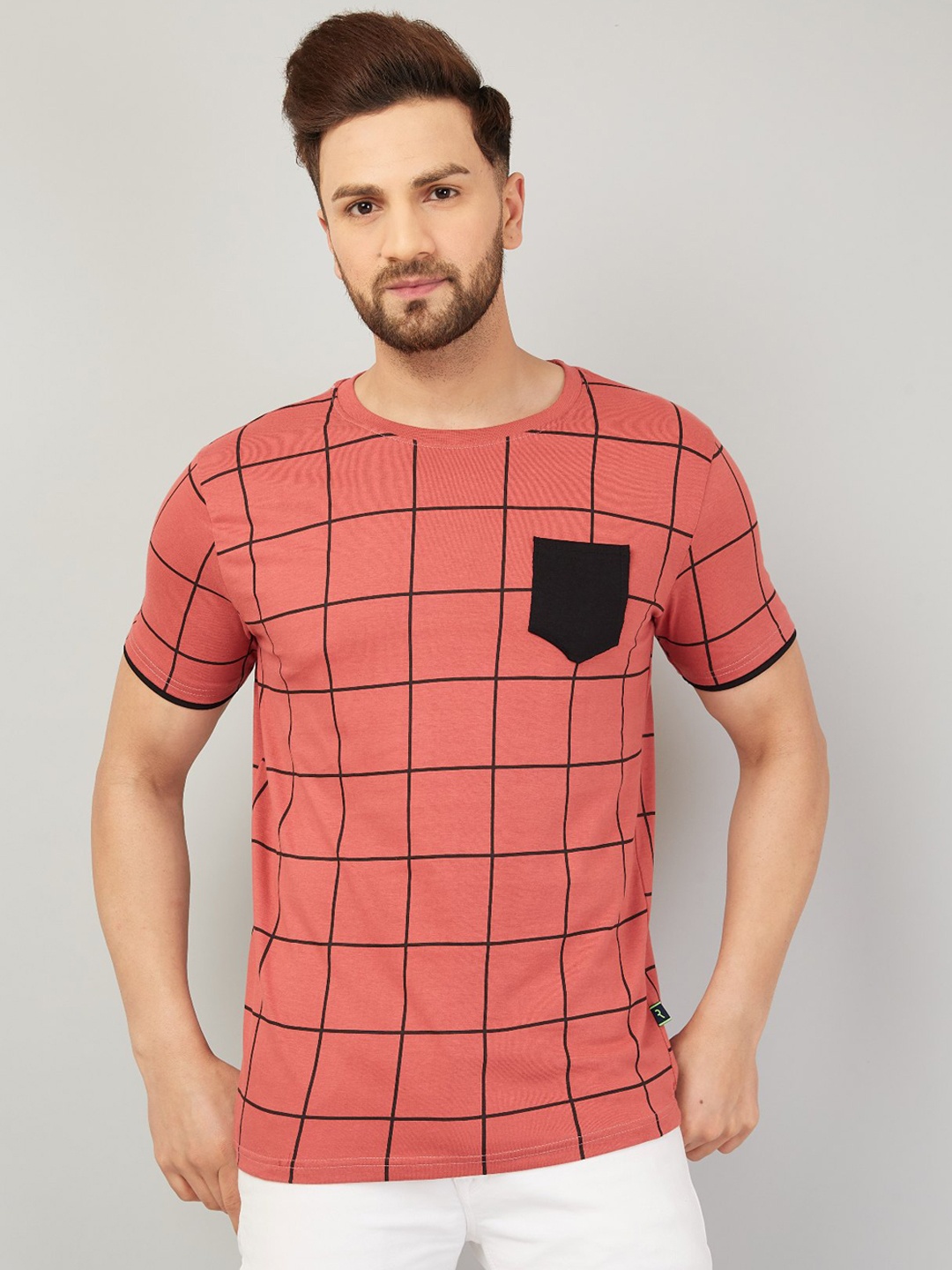 

Rodzen Men Cotton Checked T-shirt, Rose