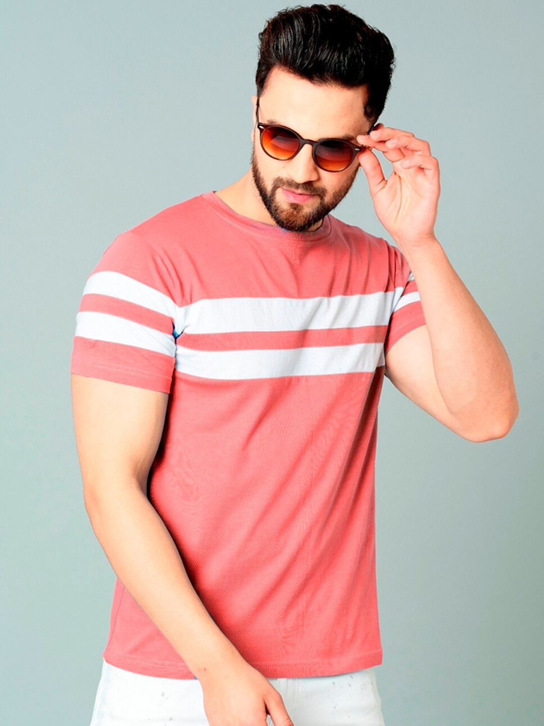 

Rodzen Men Cotton Striped T-shirt, Rose