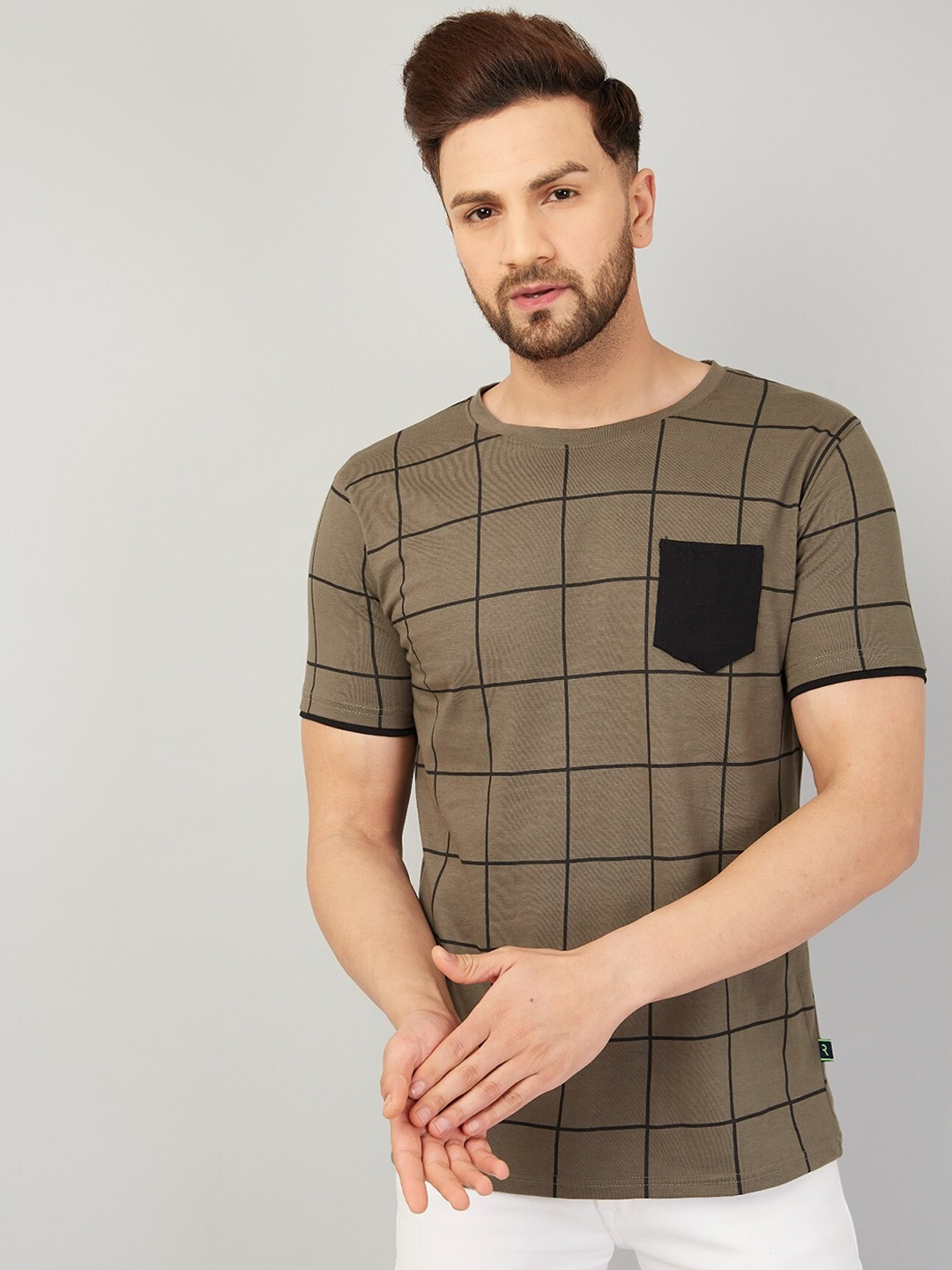 

Rodzen Men Cotton Checked T-shirt, Olive