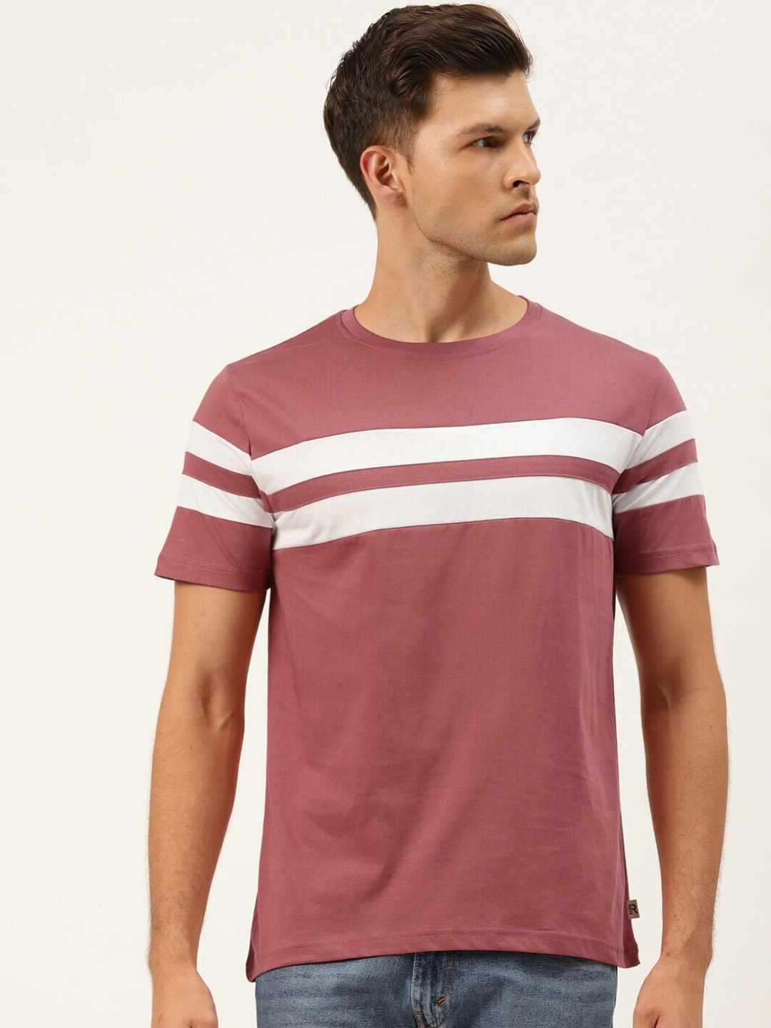 

Rodzen Men Cotton Striped T-shirt, Rose