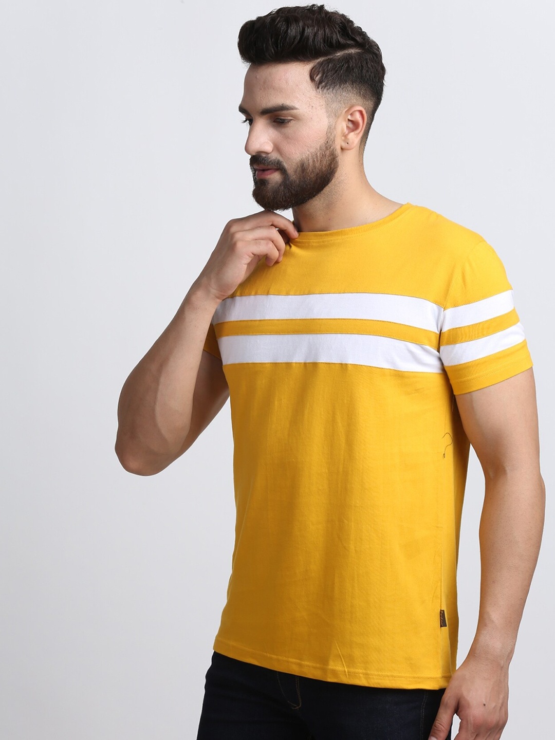 

Rodzen Men Cotton Striped T-shirt, Mustard
