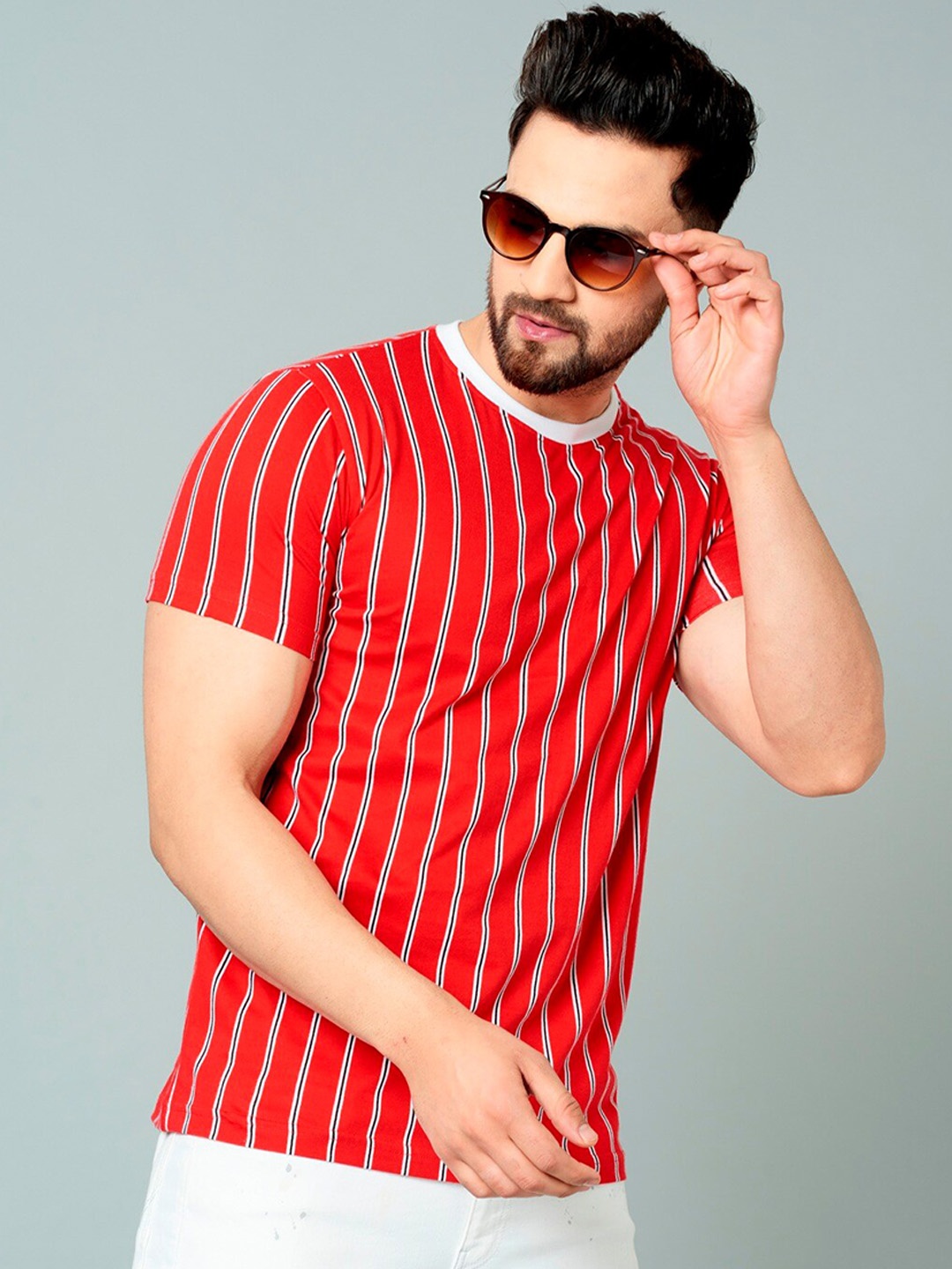 

Rodzen Men Cotton Striped T-shirt, Red