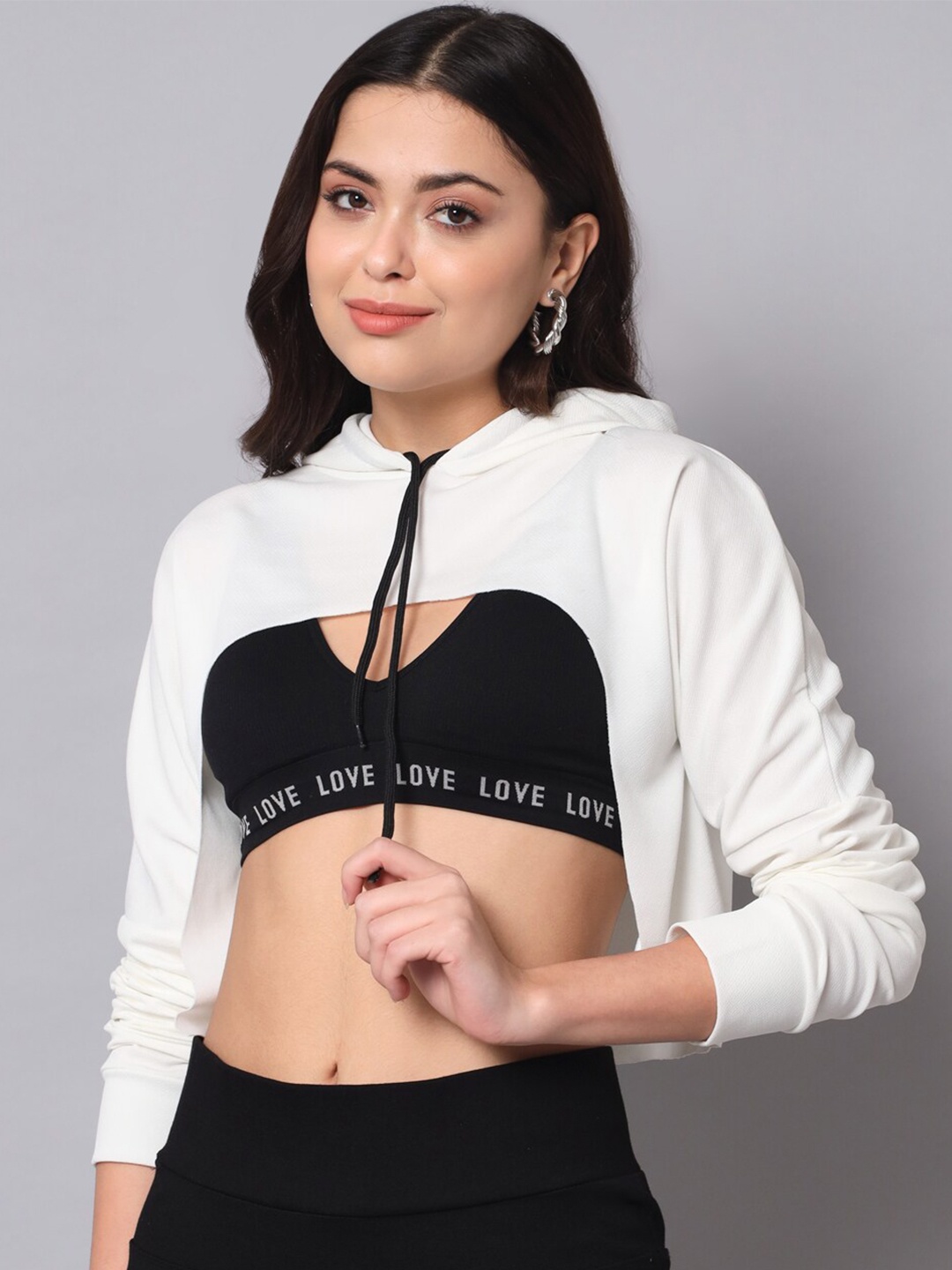 

AAHWAN Women Bust Crop Hooded Sweatshirt, White