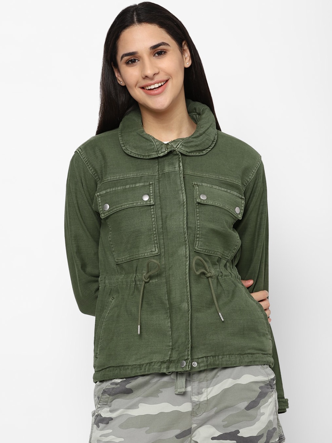 

AMERICAN EAGLE OUTFITTERS Women Solid Hooded Denim Jacket, Olive