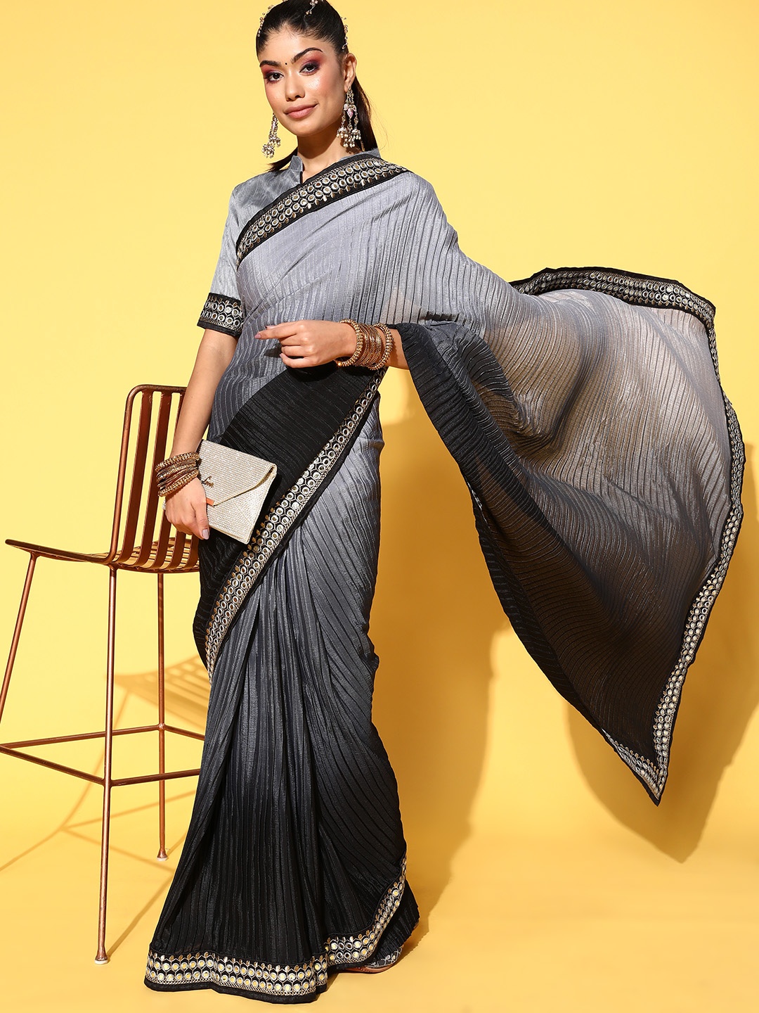 

Mitera Grey & Black Ombre Sequinned Detail Ready to Wear Saree