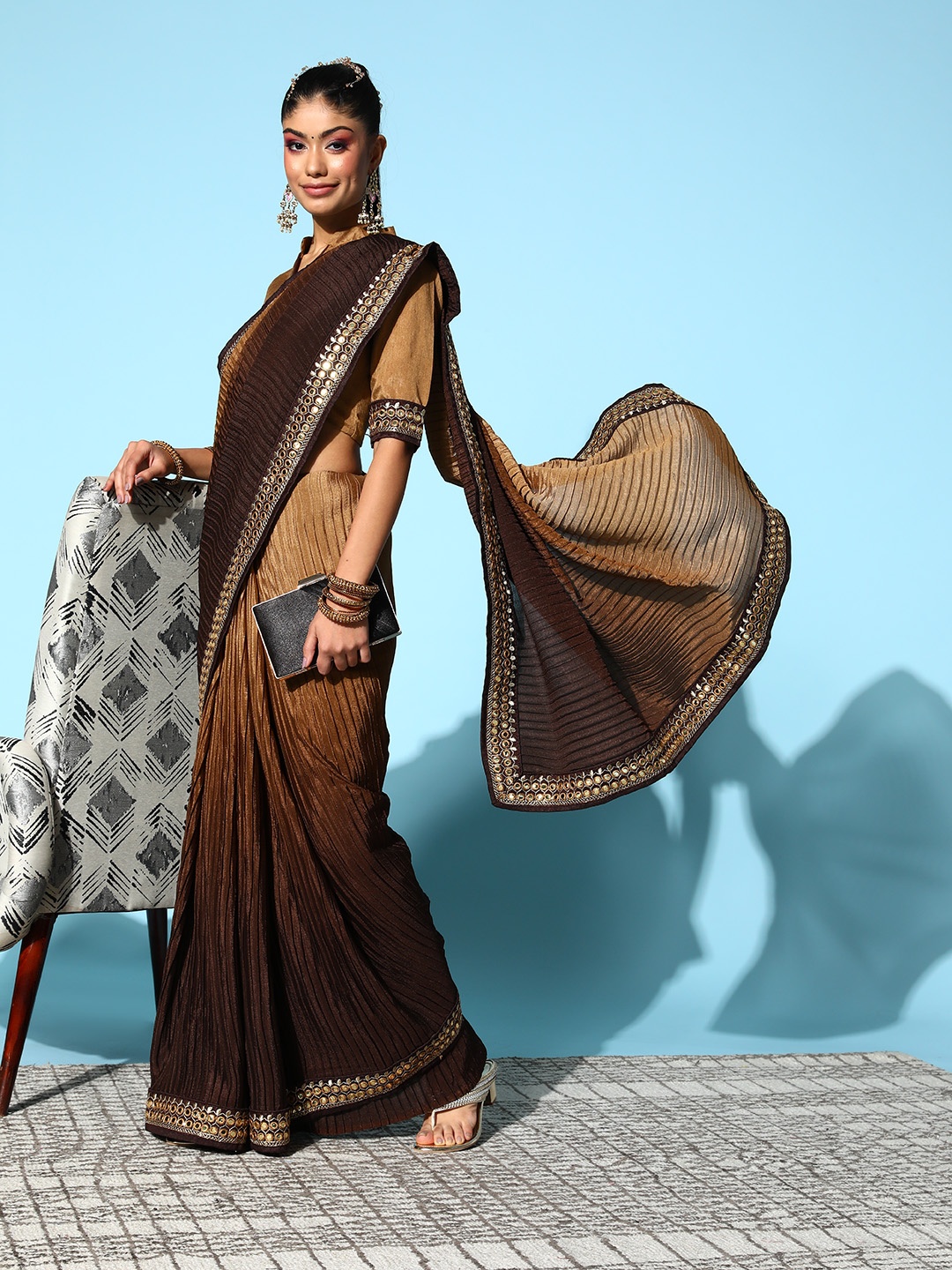 

Mitera Grey & Black Ombre Sequinned Detail Ready to Wear Saree, Brown