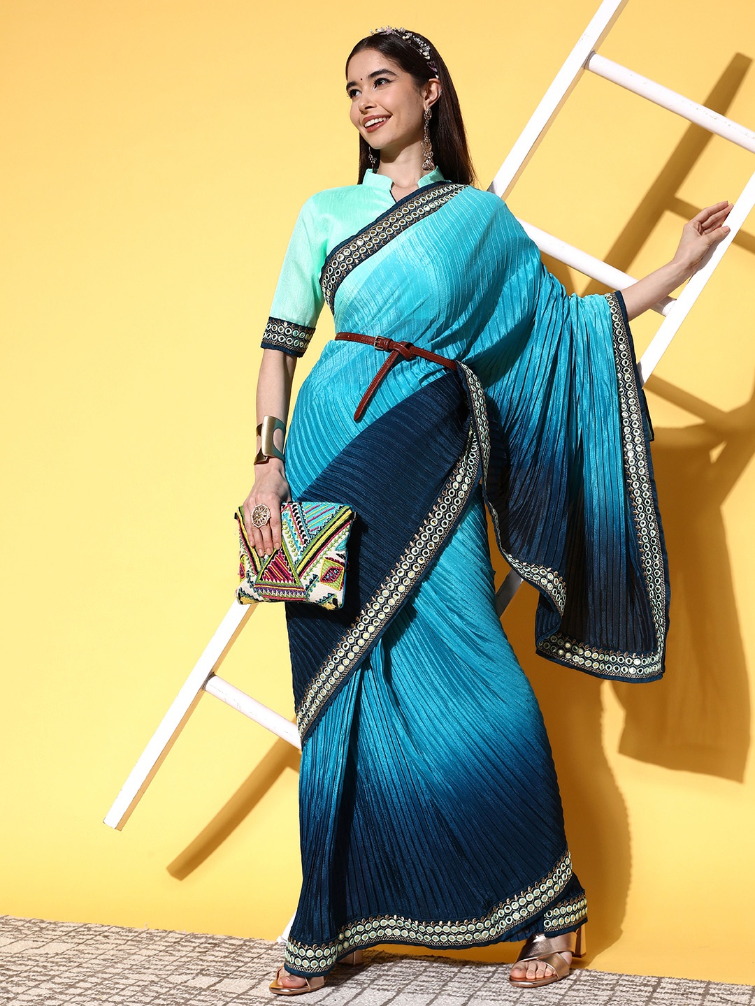 

Mitera Blue Striped Sequinned Saree