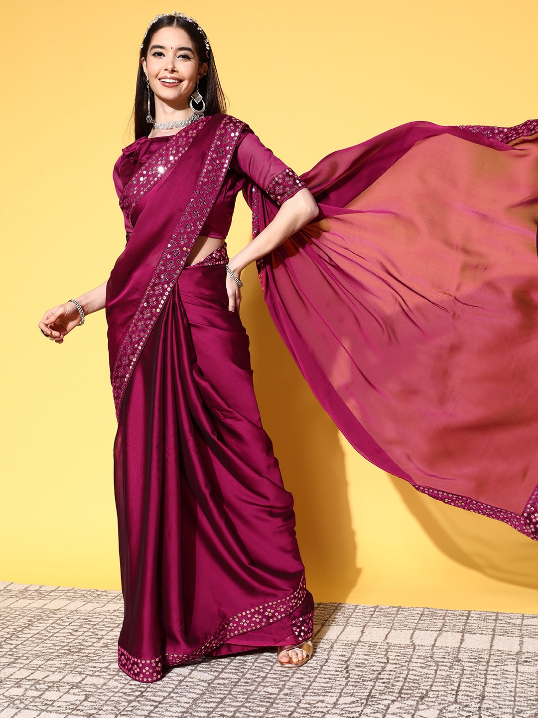 

Mitera Pink Sequinned Chanderi Saree