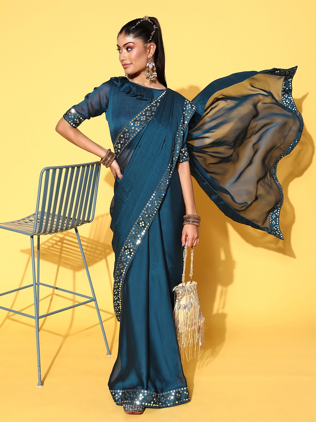

Mitera Sequinned Embellished Chanderi Saree, Blue