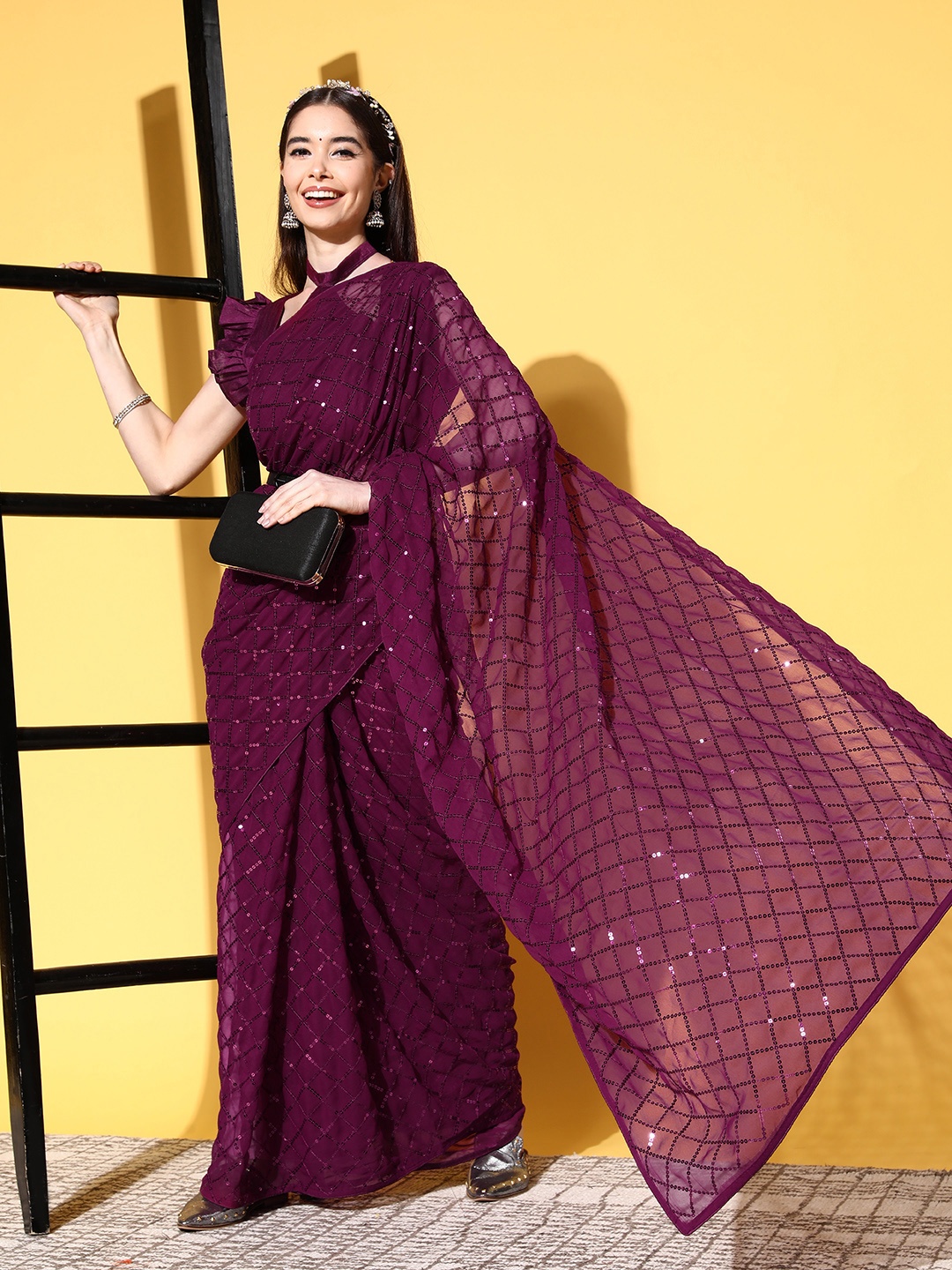 

Mitera Purple Embellished Checked Sequinned Saree