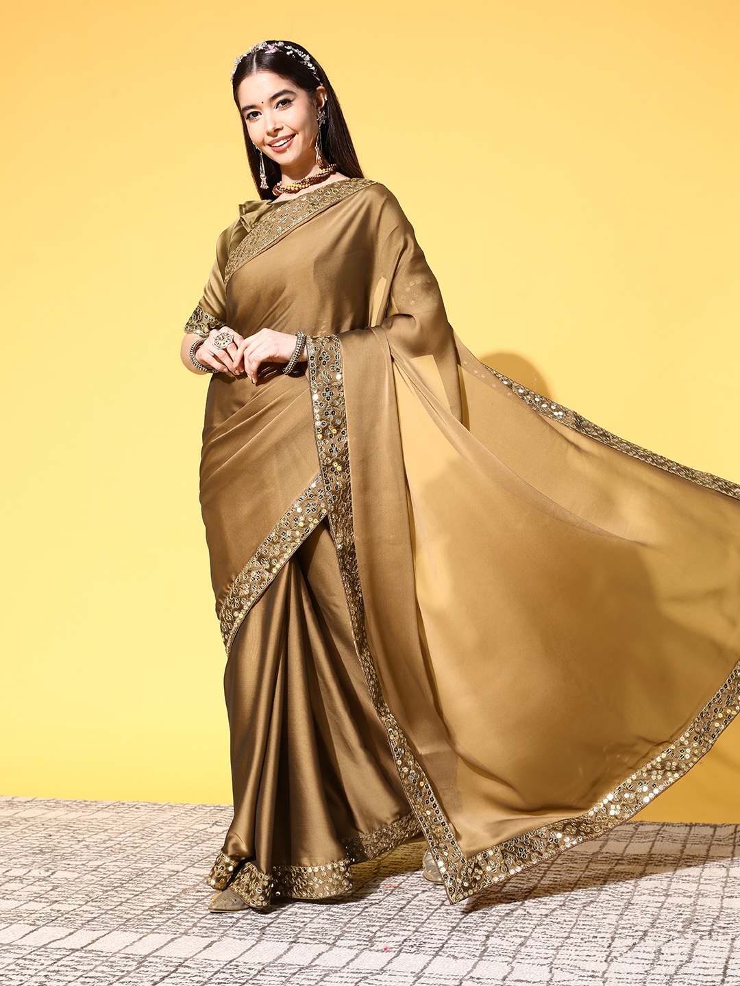 

Mitera Beige Embellished Sequinned Chanderi Saree