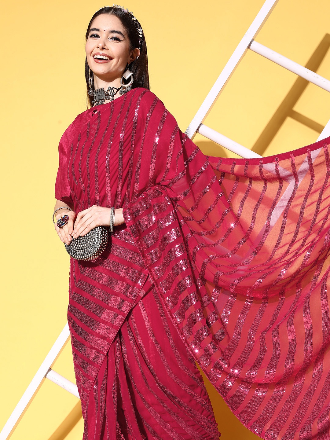 

Mitera Red Embellished Sequinned Striped Saree