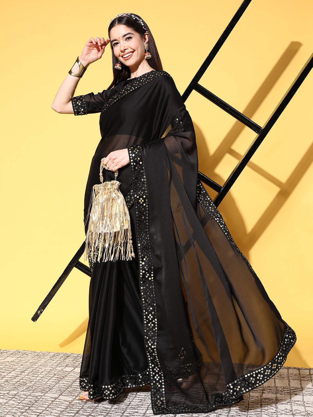 

Mitera Black Sequinned Chanderi Saree