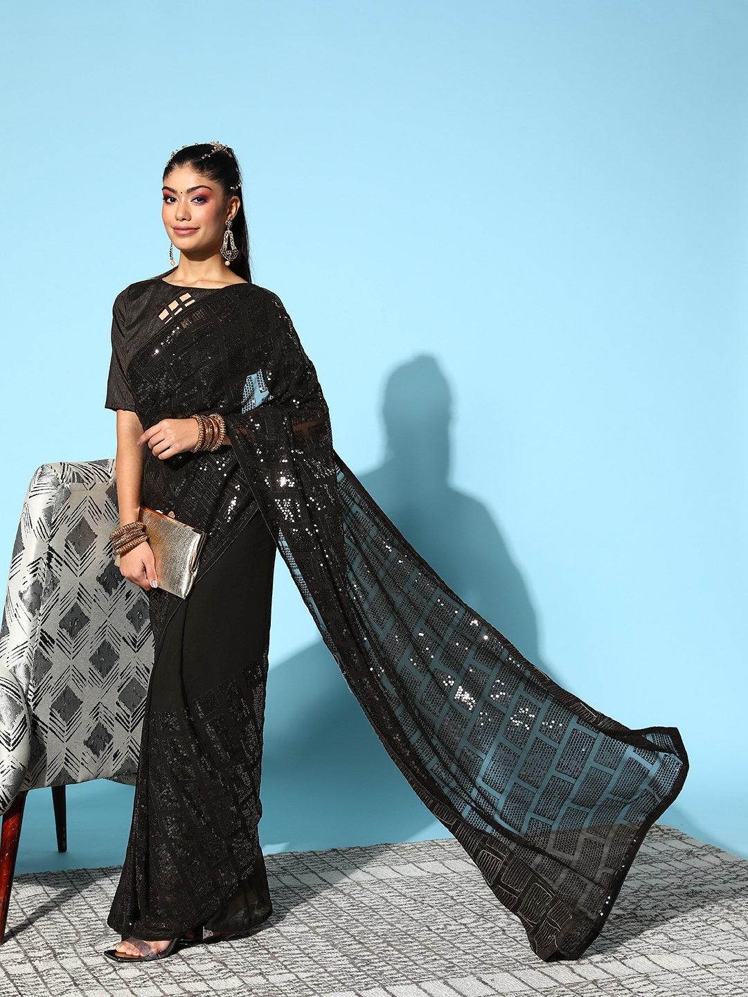 

Mitera Sequinned Embellished Ready to Wear Saree, Black
