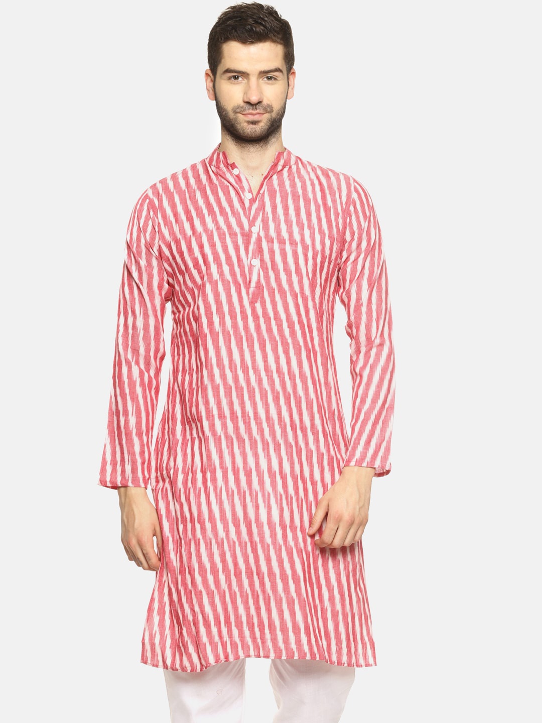 

PAROKSH Striped Mandarin Collar Long Sleeves Cotton Kurta, Pink