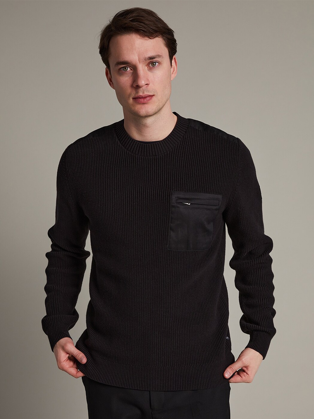 

Matinique Men Ribbed Pure Cotton Pullover Sweater, Black