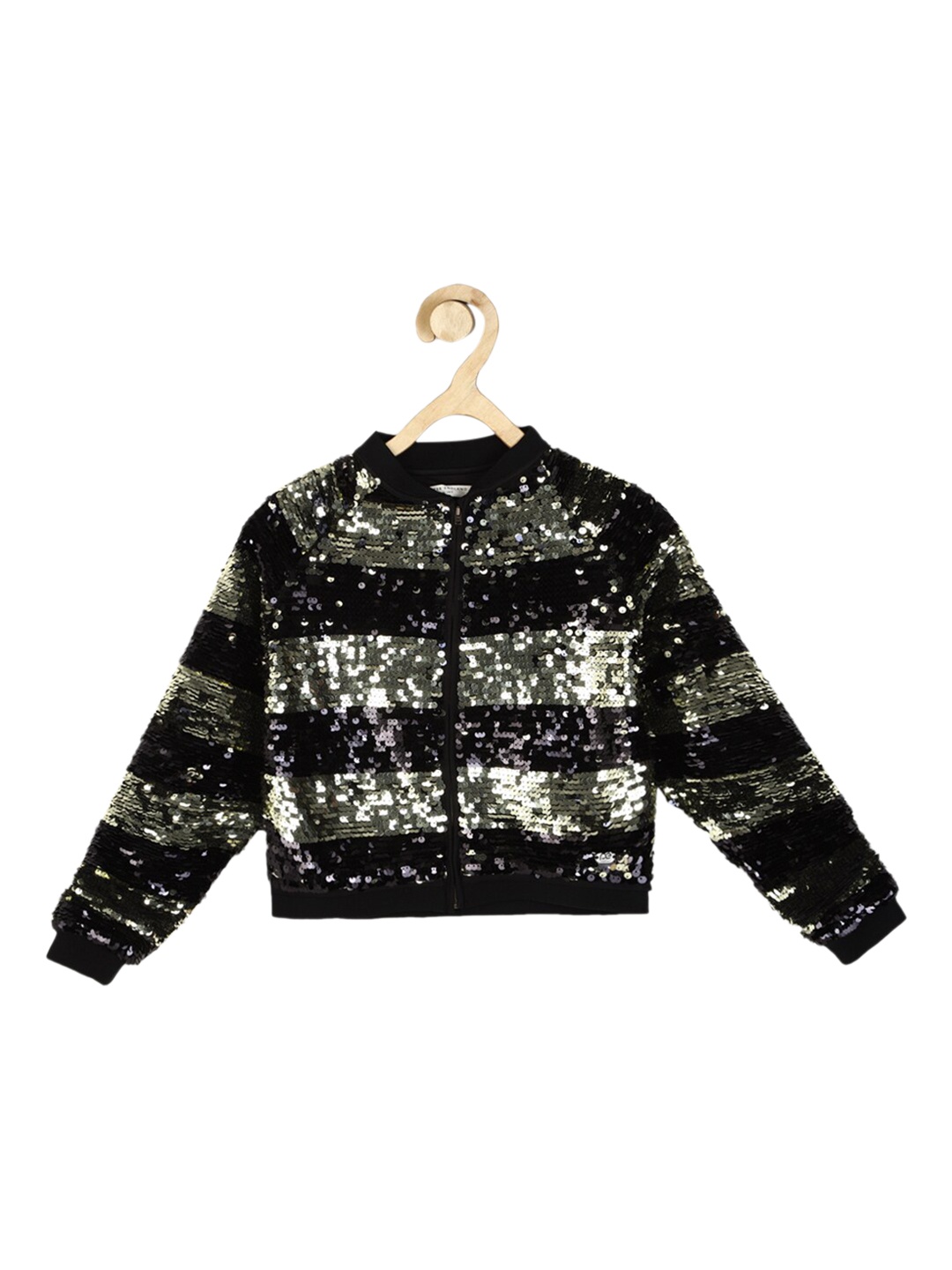 

Peter England Girls Sequinned Crop Bomber Jacket, Black