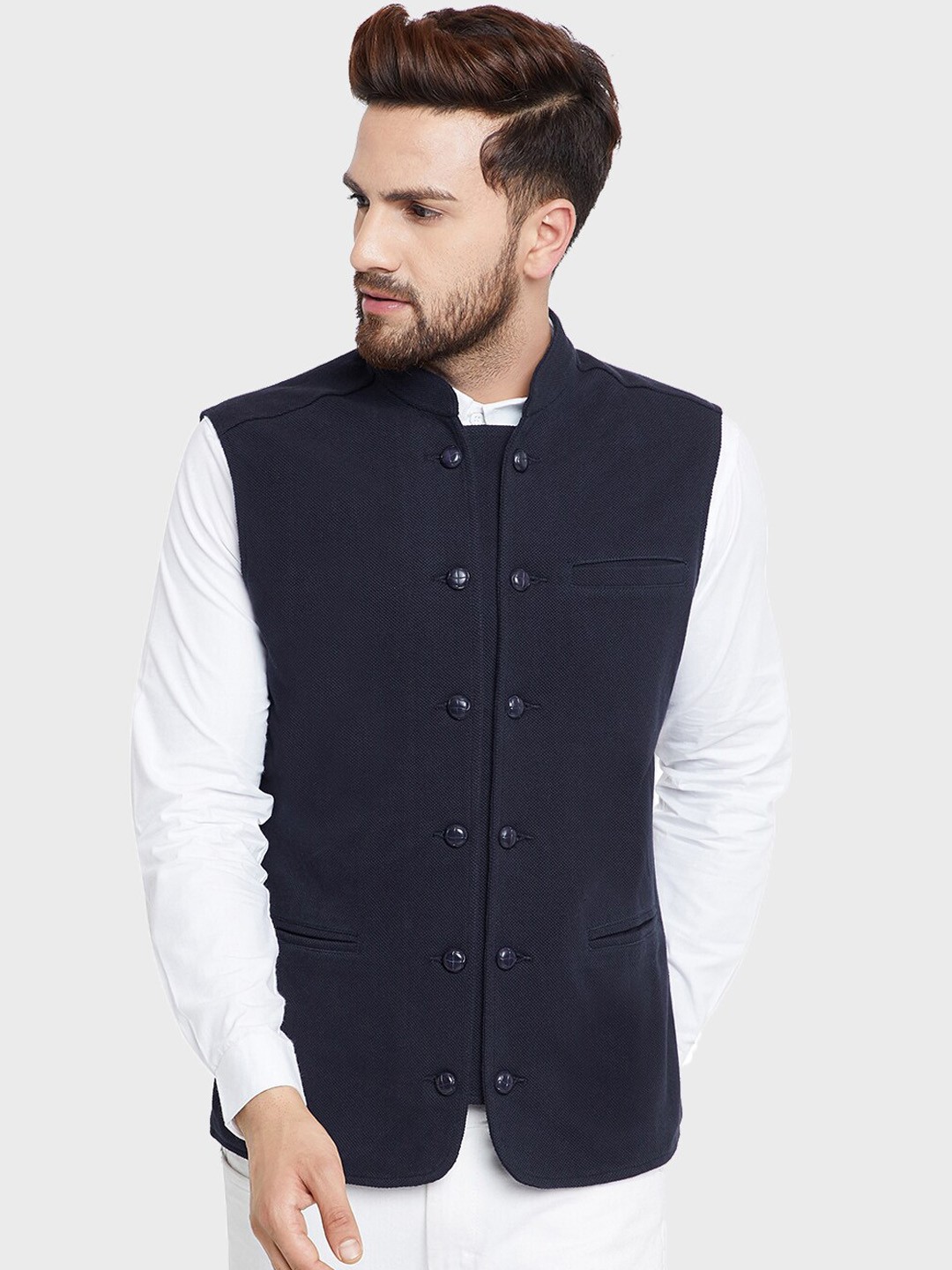 

Hypernation Men Cotton Nehru Jacket, Navy blue