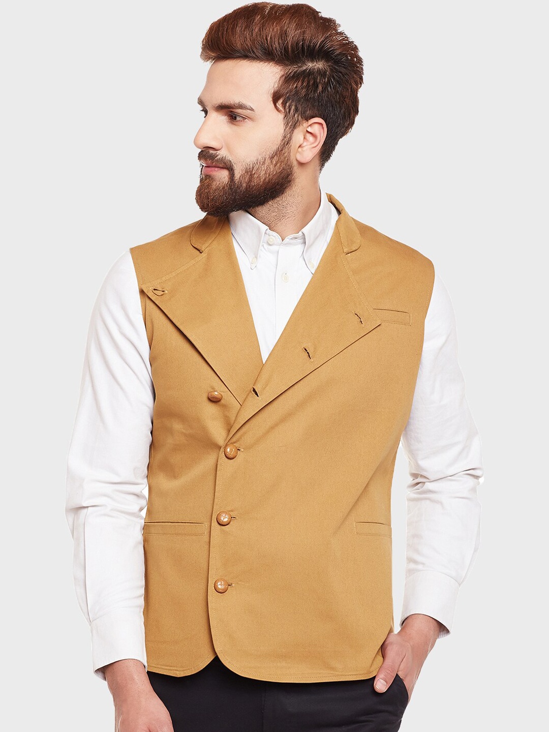 

Hypernation Men Cotton Nehru Jacket, Khaki