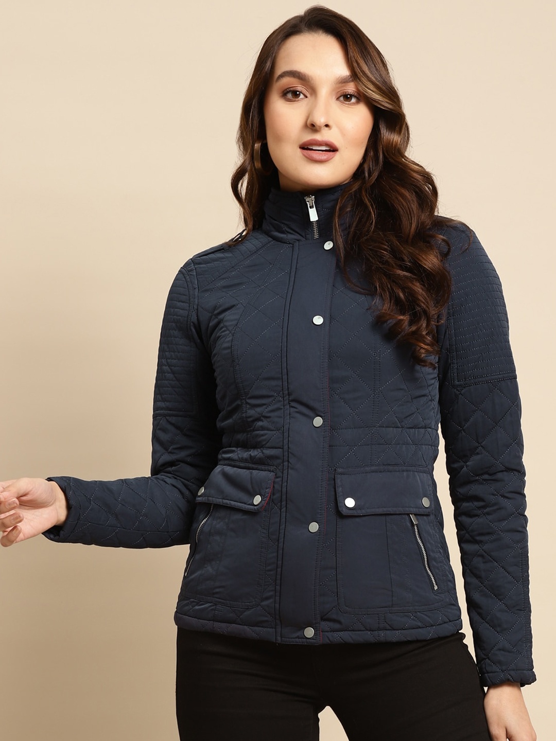 

Lakshita Women Solid Cotton Bomber Jacket, Navy blue