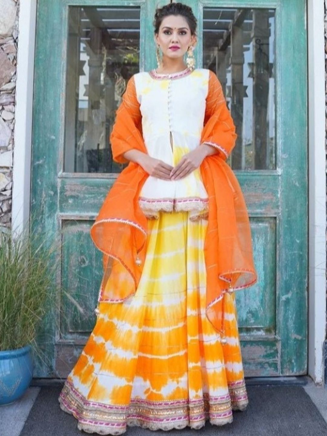 

HOUSE OF JAMOTI Dyed Tie and Dye Ready to Wear Lehenga & Blouse With Dupatta, Orange