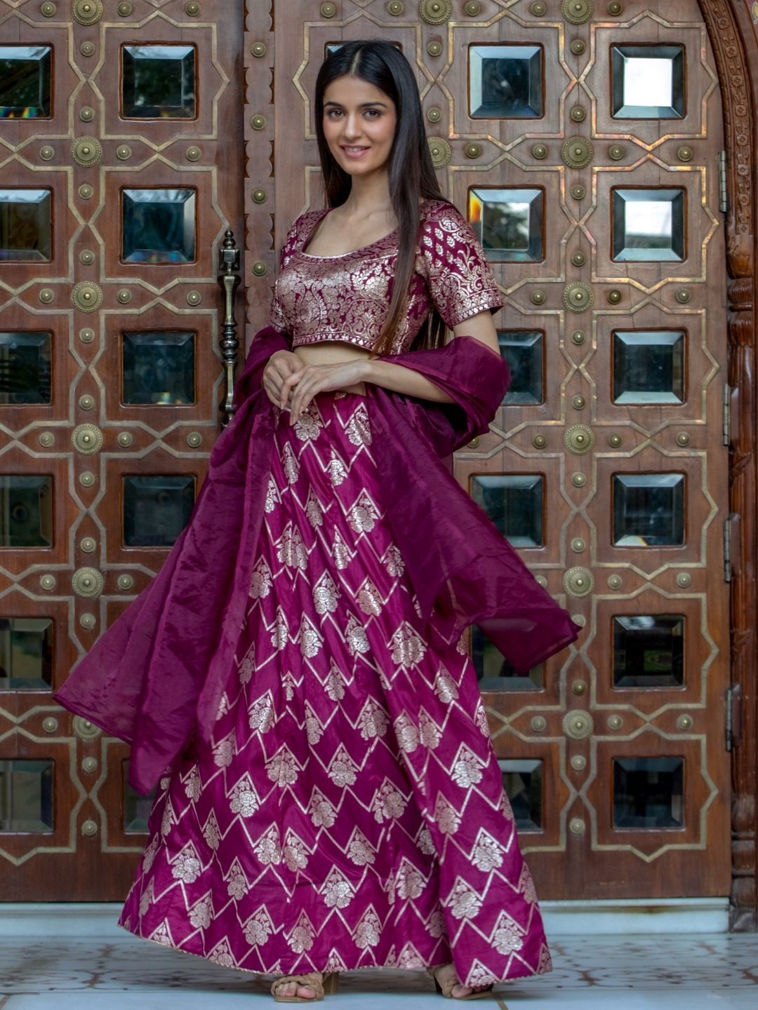 

HOUSE OF JAMOTI Ready to Wear Lehenga & Blouse With Dupatta, Burgundy