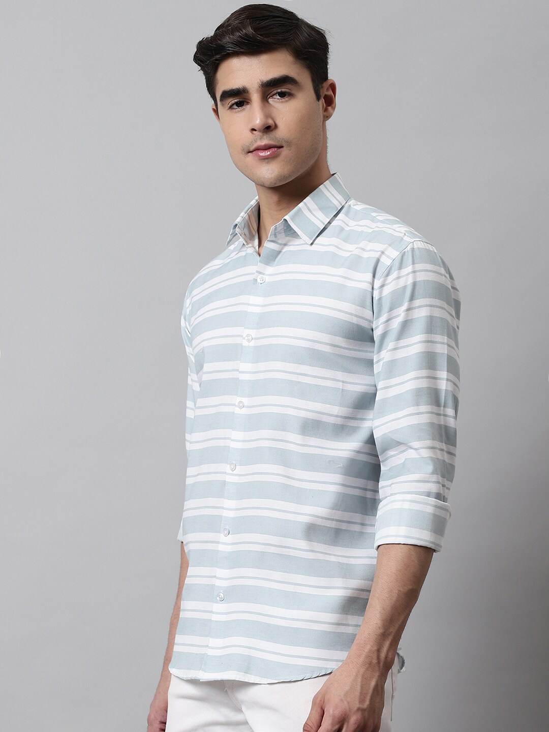 

JAINISH Men Classic Horizontal Striped Pure Cotton Casual Shirt, Turquoise blue