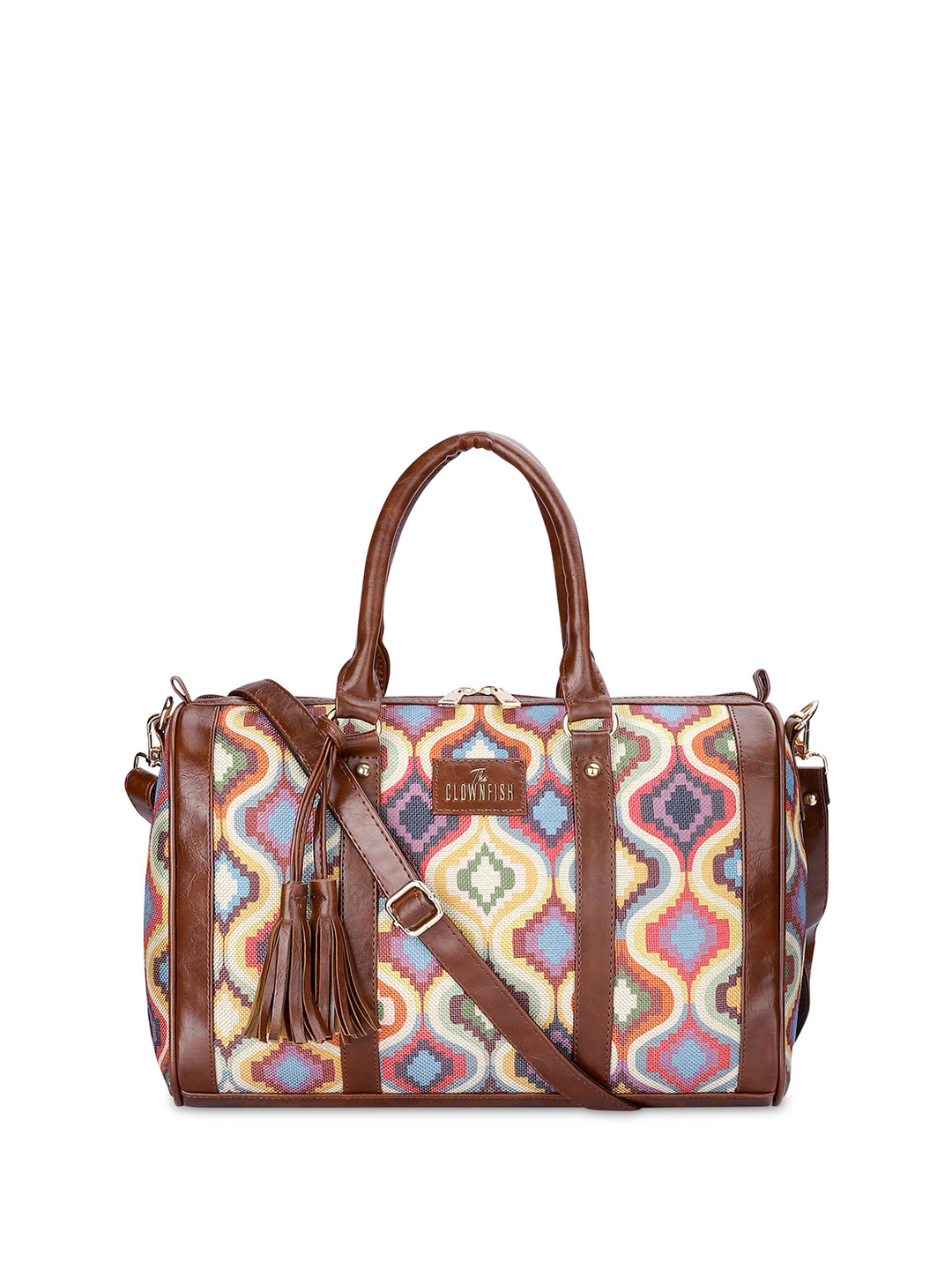 

THE CLOWNFISH Geometric Printed Oversized Bucket Handheld Bag with Tasselled, Brown