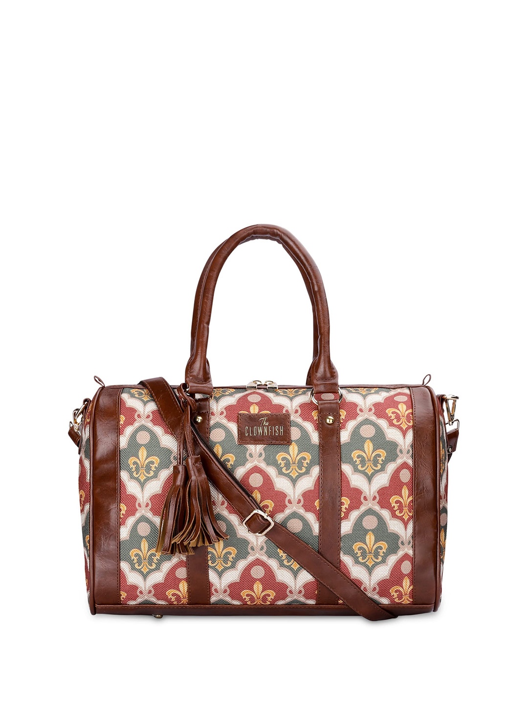 

THE CLOWNFISH Floral Printed Structured Handheld Bag With Tasselled, Brown