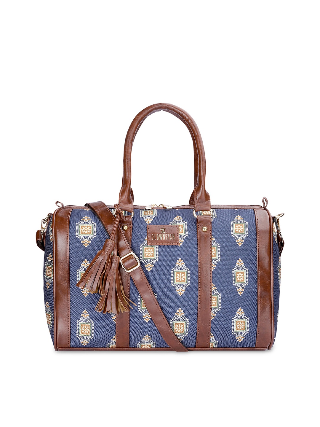 

THE CLOWNFISH Ethnic Motifs Printed Structured Handheld Bag With Tasselled, Blue