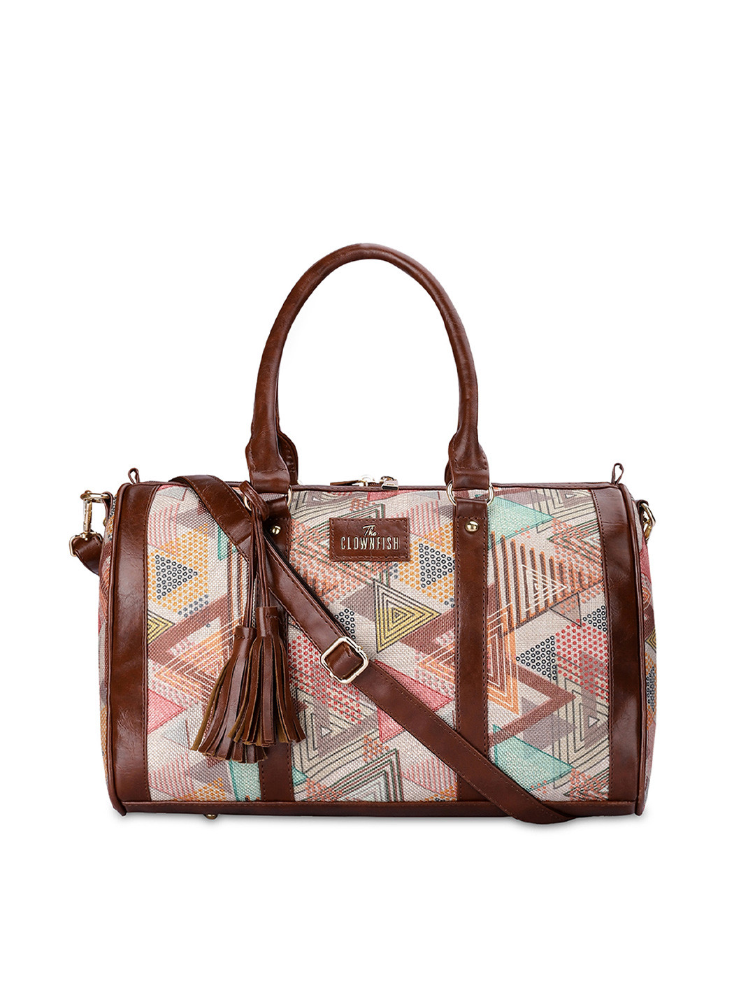 

THE CLOWNFISH Lorna Geometric Printed Oversized Structured Handheld Bag with Tasselled, Beige