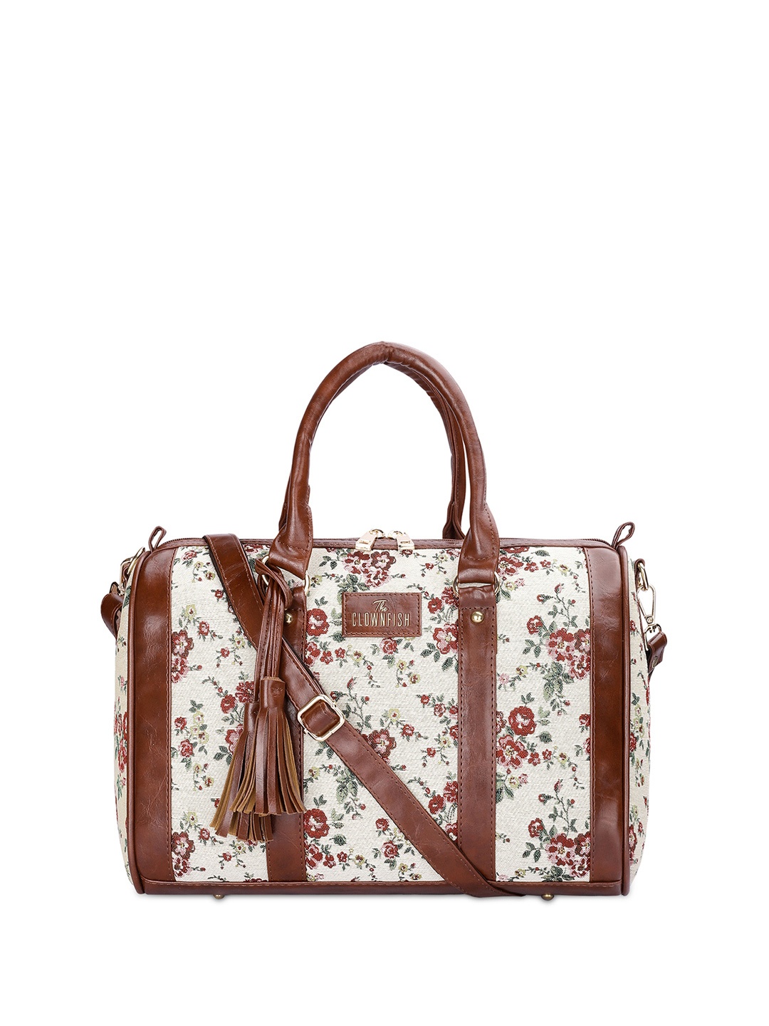 

THE CLOWNFISH Lorna Floral Printed Structured Handheld Bag with Tasselled, White