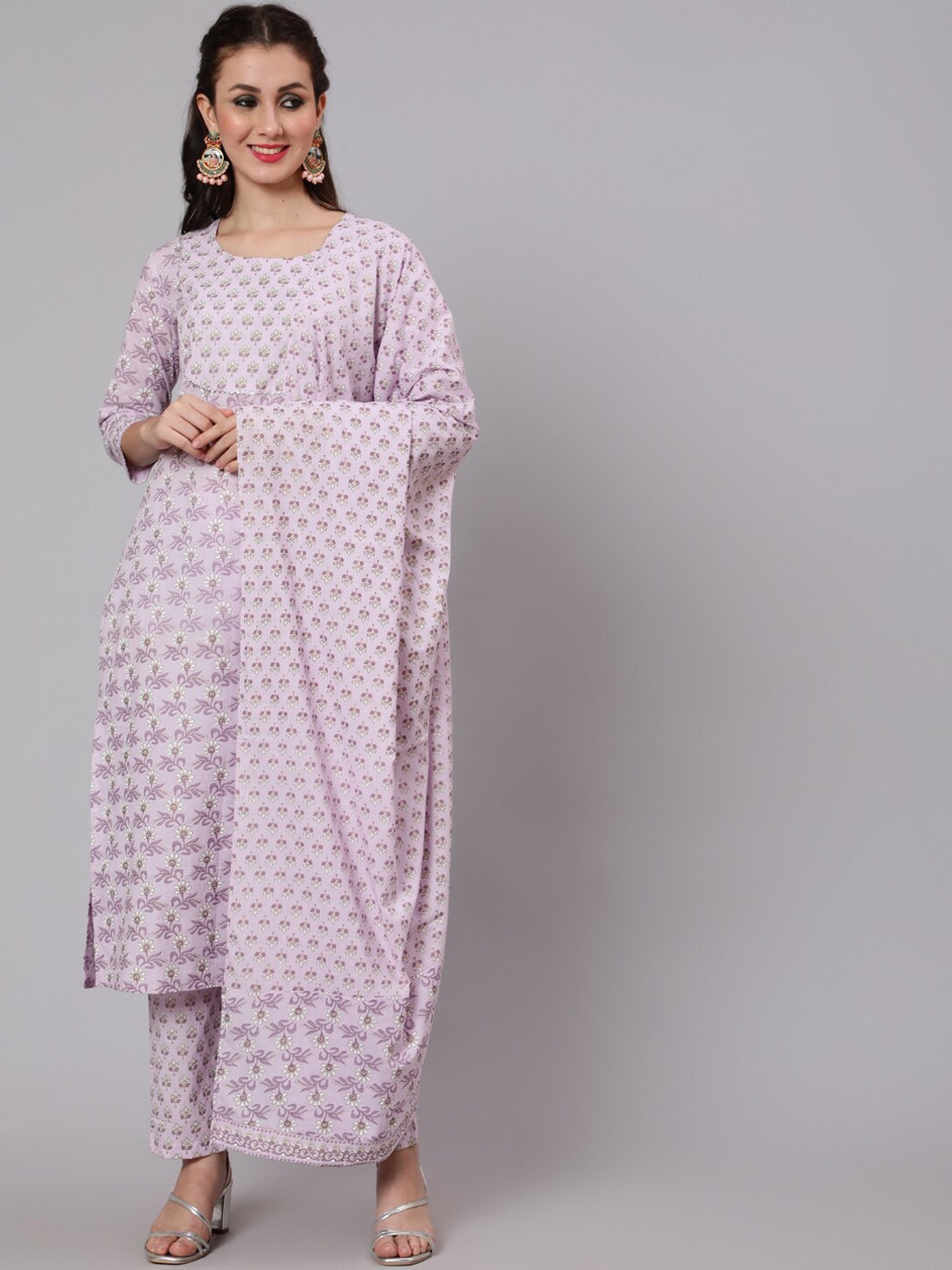 

WOMENCLICK Floral Printed Pure Cotton Kurta with Palazzos & Dupatta, Lavender