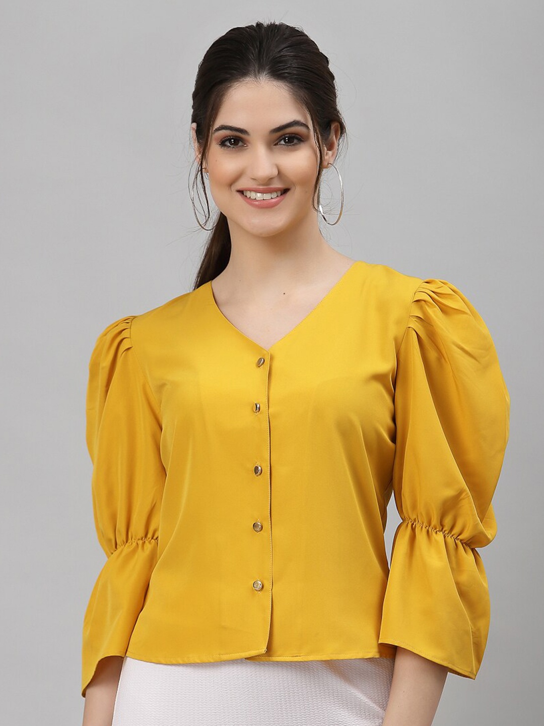

NEUDIS V-Neck Crepe Puff Sleeves Regular Top, Yellow
