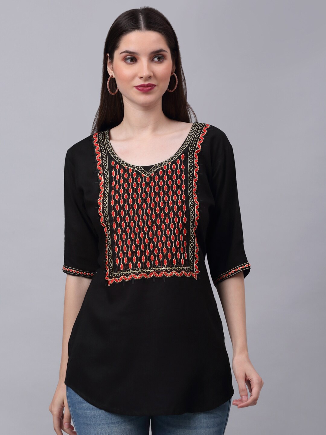 

NEUDIS Geometric Embroidered A-Line Top, Black