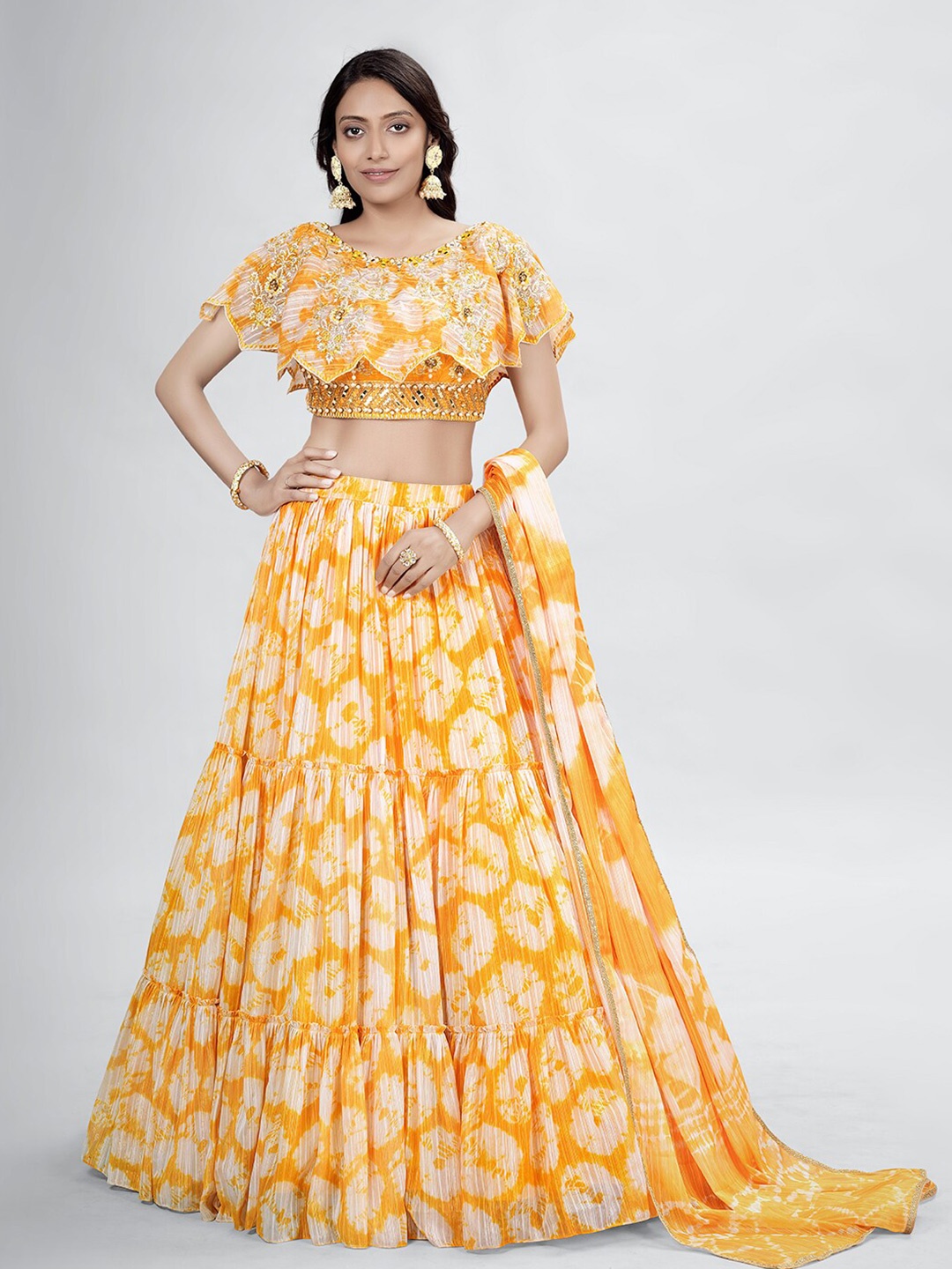 

DRESSTIVE Embroidered Shibori Semi-Stitched Lehenga & Unstitched Blouse With Dupatta, Yellow