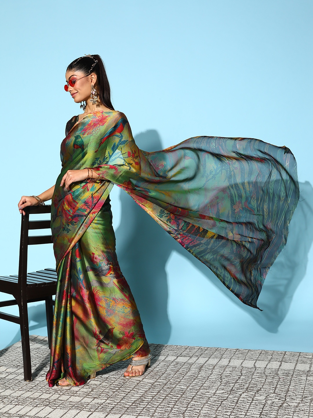 

Mitera Floral Chanderi Saree, Green