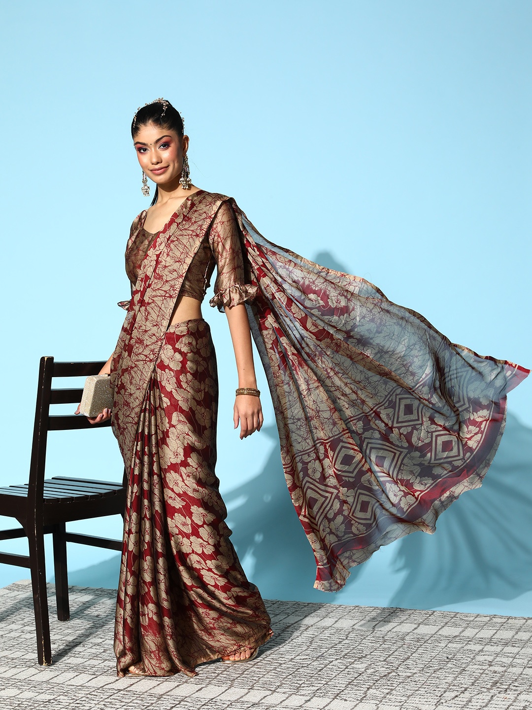 

Mitera Beige & Maroon Floral Chanderi Saree
