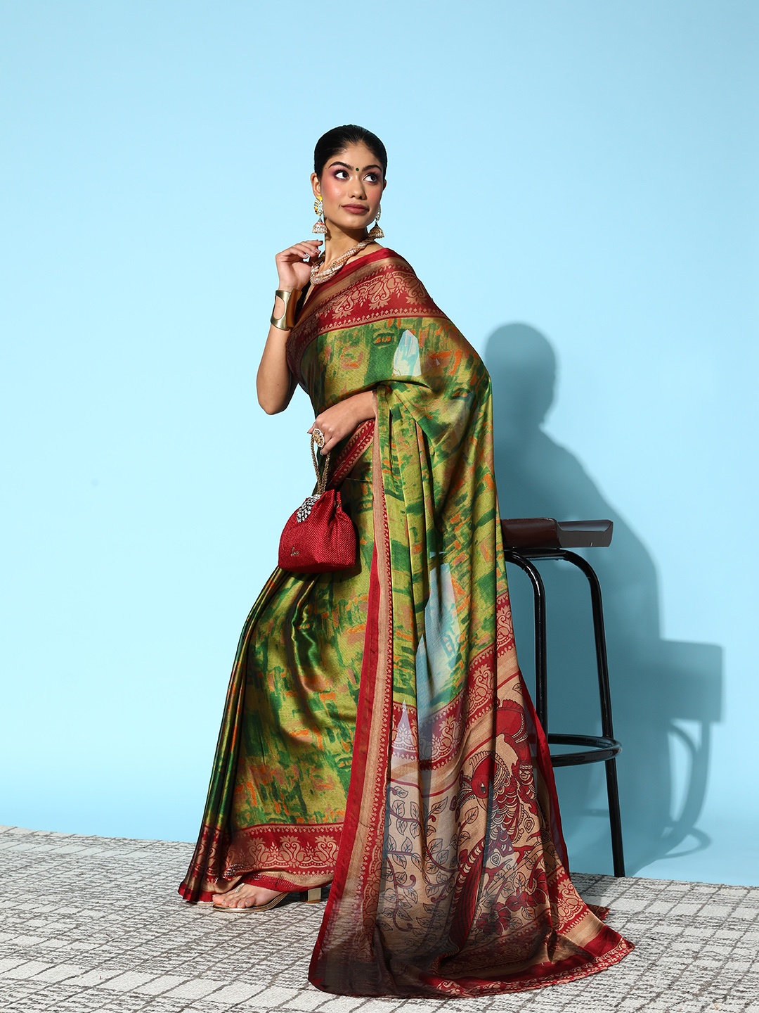 

Mitera Green & Red Zari Chanderi Saree