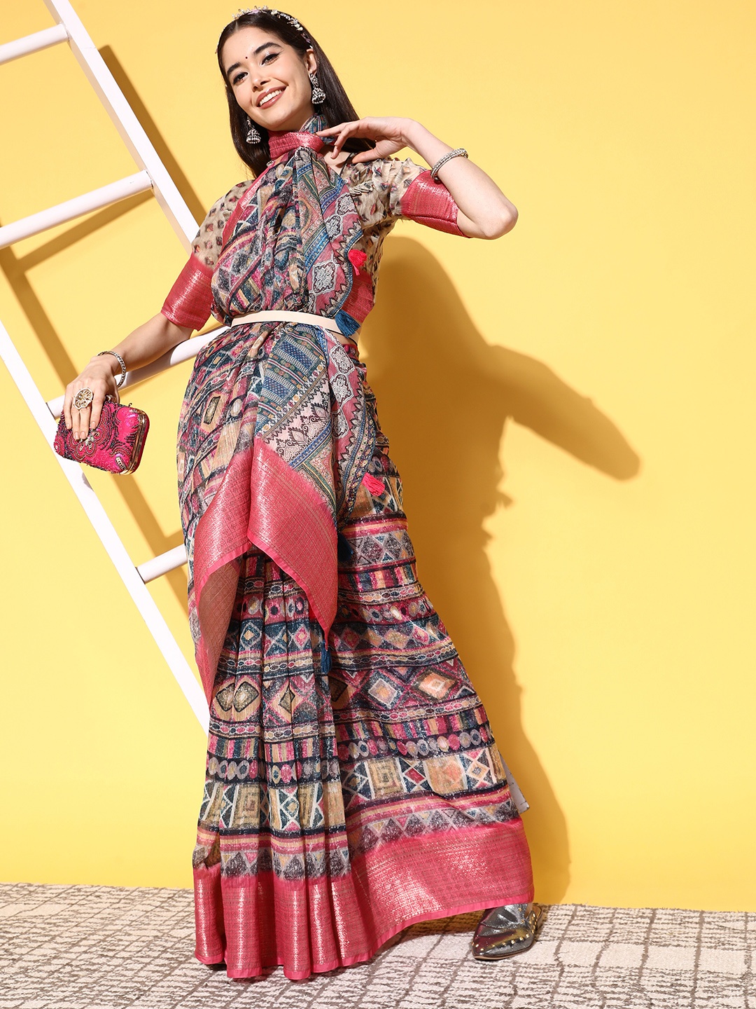 

Mitera Ethnic Motifs Printed Zari Saree, Multi