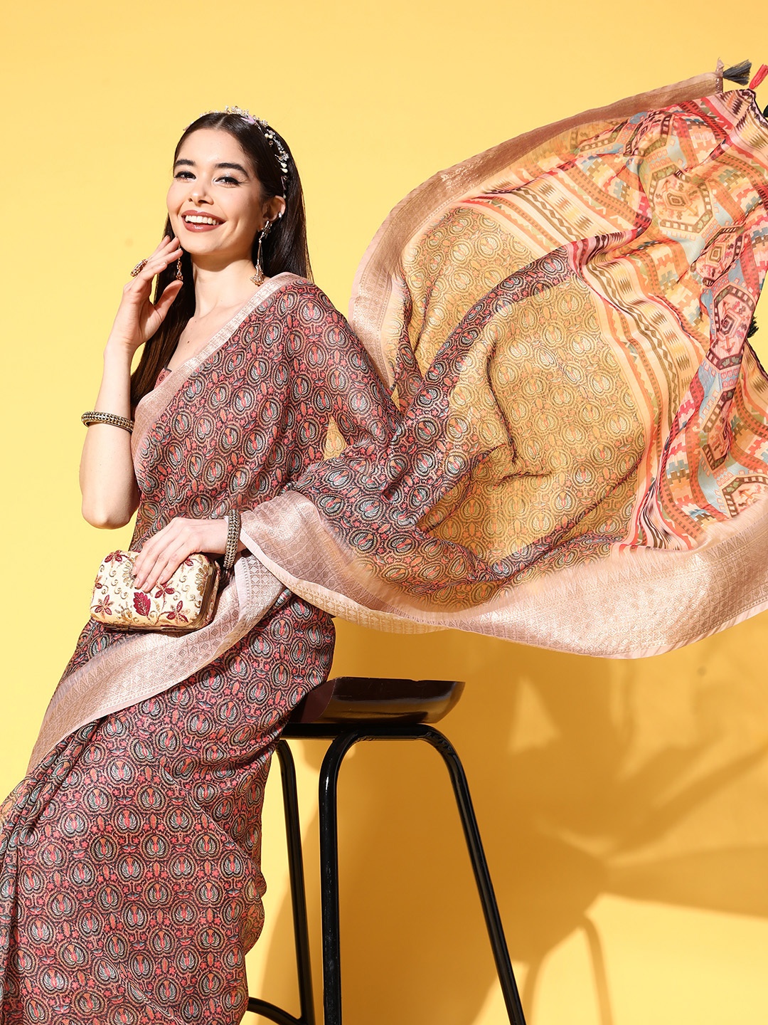 

Mitera Brown & Multicoloured Woven Design Zari Chanderi Saree