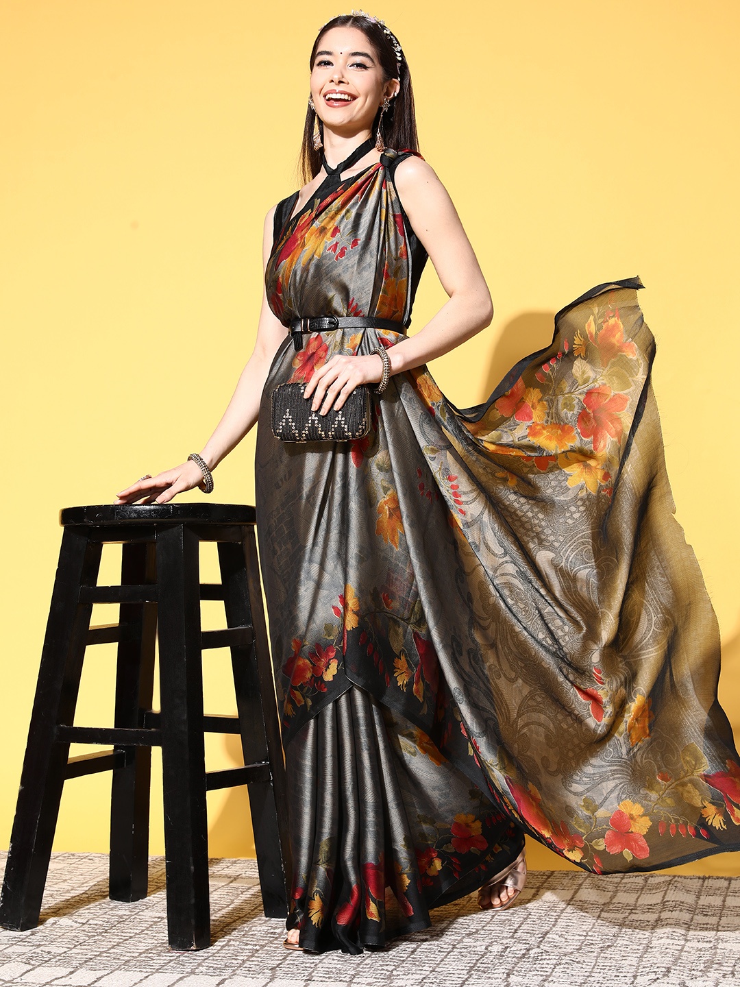 

Mitera Floral Printed Saree, Grey