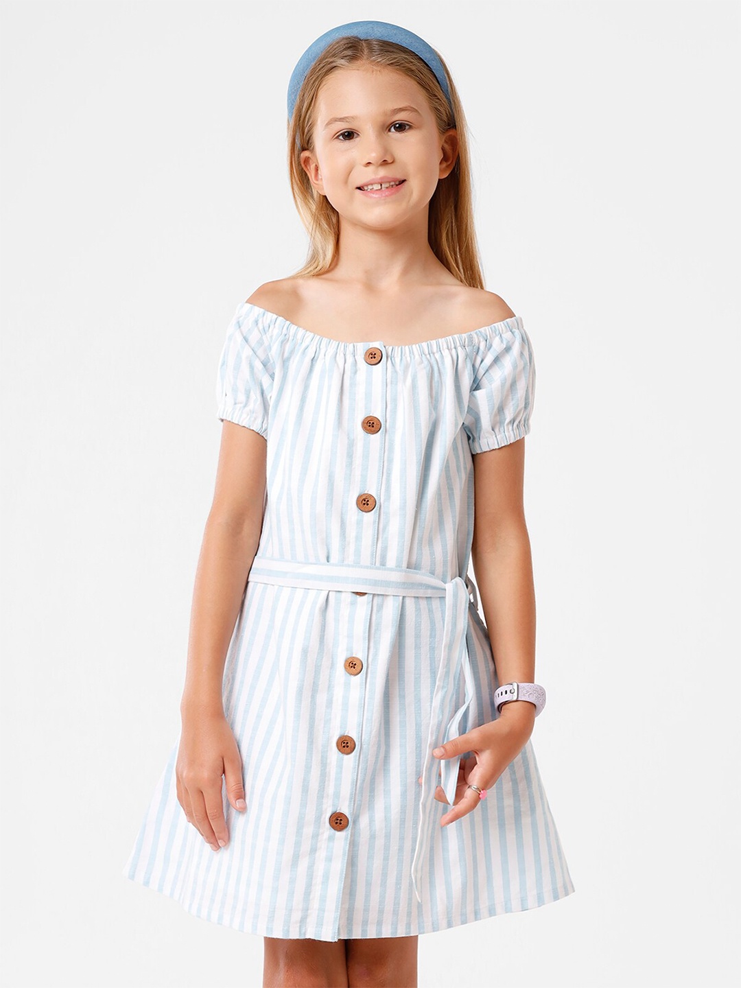 

KATE & OSCAR Girls Striped Off-Shoulder Cotton A-Line Dress, White