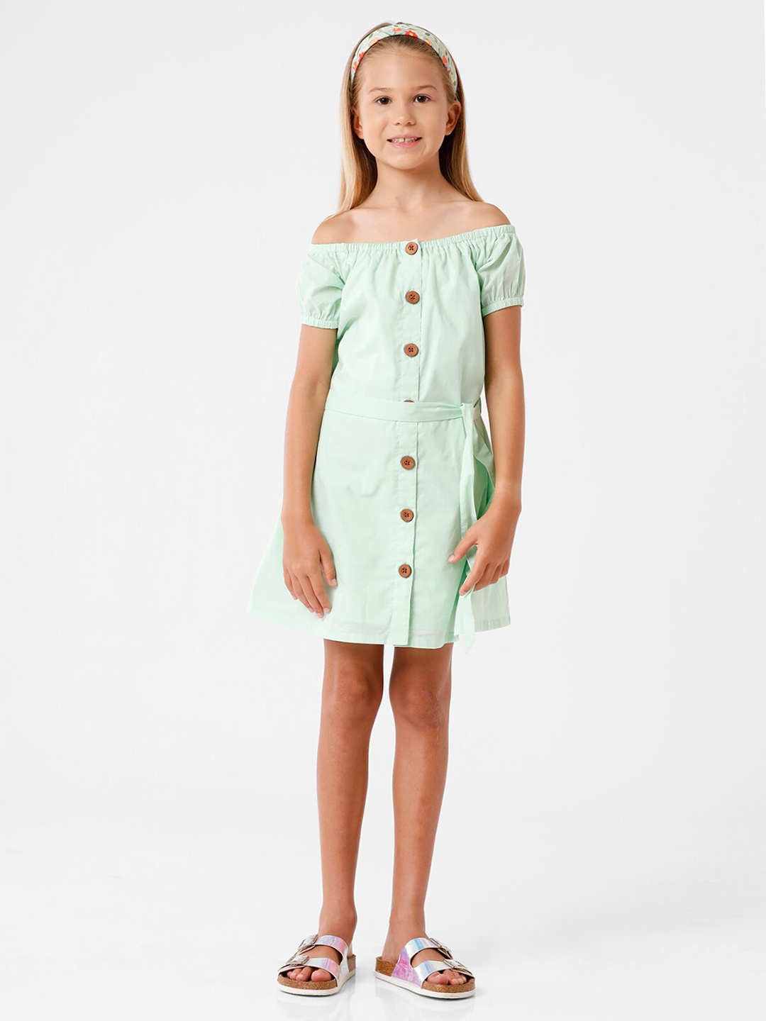 

KATE & OSCAR Girls Off-Shoulder Cotton A-Line Dress, Green