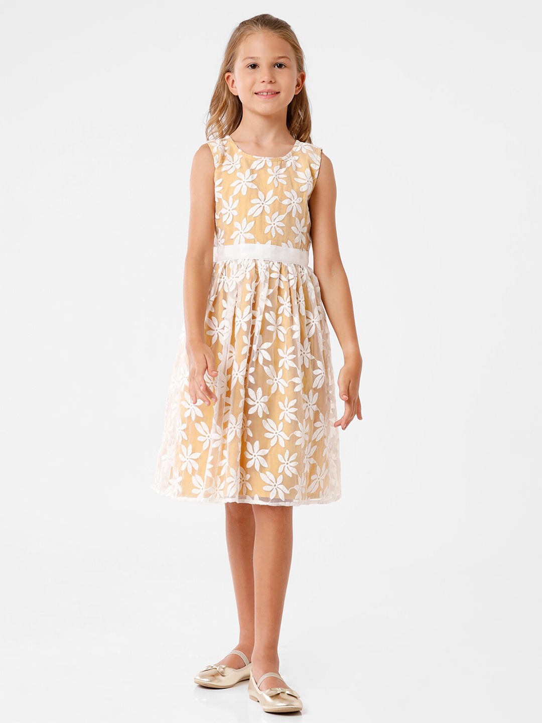 

KATE & OSCAR Floral Self Design Sleeveless Fit & Flare Dress, Beige